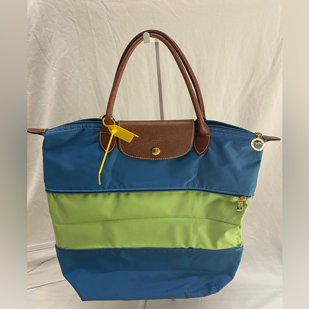 ** SOLD ** Le Pliage Expandable Tote in Rare Beautiful Blue/Green Colorway  EUC